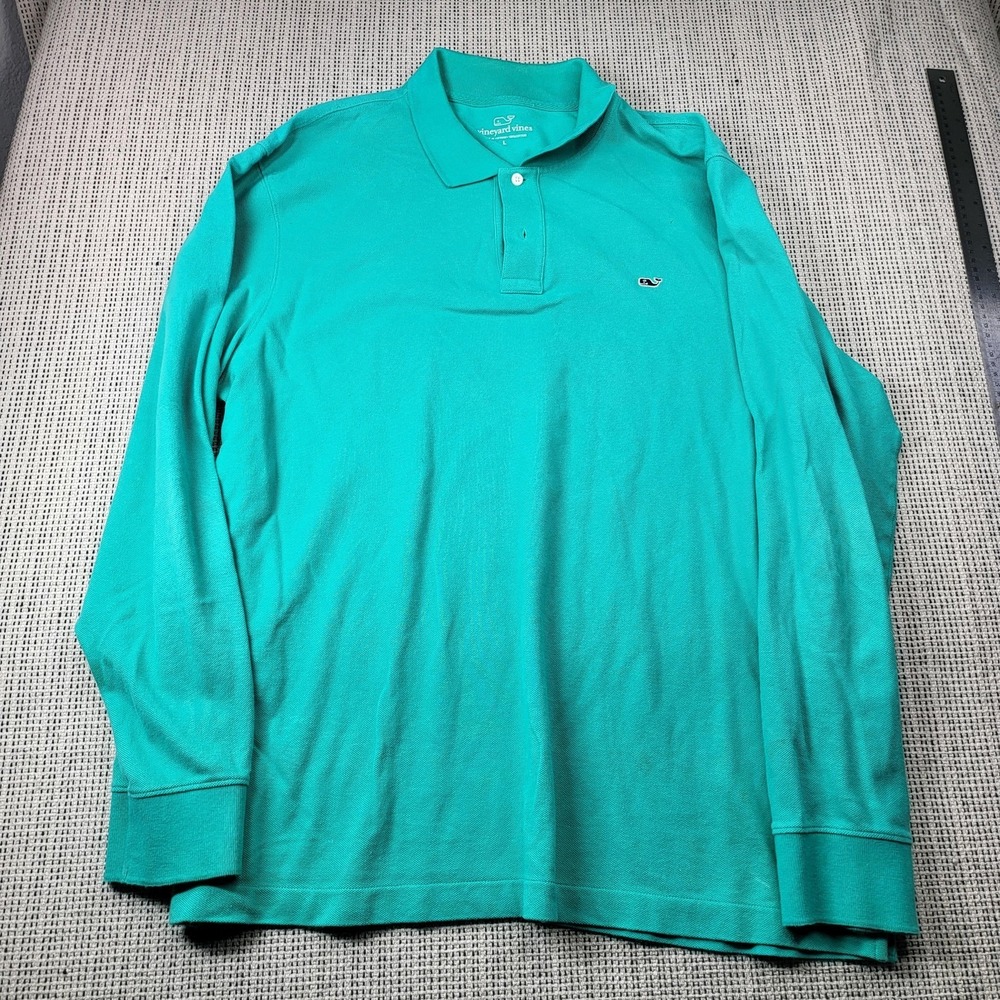 Vineyard Vines Polo Shirt Mens Large Green Solid Long Sleeve Whale Logo Casual‎